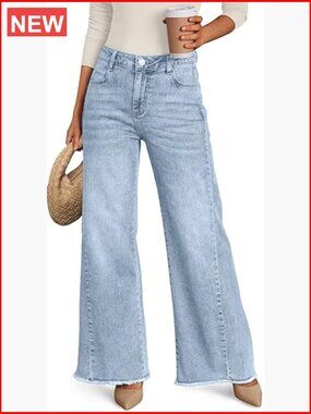 Wide Leg Jeans with Raw Hem, Comfort Denim Pants